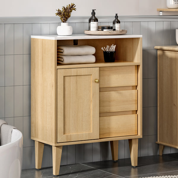 Bathroom Floor Cabinet Toilet Small Cabinet with Sliding Door Farmhouse Side Storage Organizer Cabinet with 3 Drawers and Faux Marble Top
