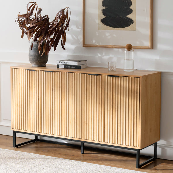 Fluted Sideboard Buffet Cabinet with 4 Doors Modern Accent Storage Cabinet with Adjustable Shelves Boho Console Table Bar Cabinets Storage Credenza