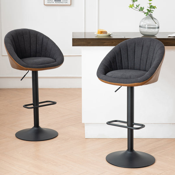Modern Adjustable Height Swivel Barstool Pu Leather and Linen Fabric Upholstered Bar Chair with Back and Footrest