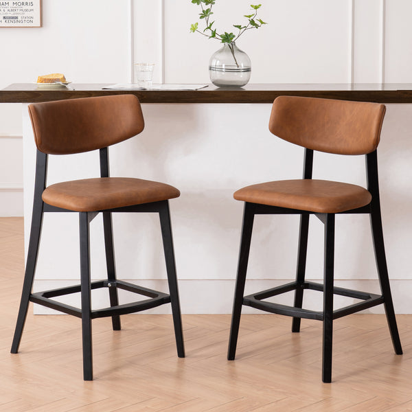 26" Wood Bar Stools Upholstered Counter Height Stool with Back Modern Faux Leather Bar Chairs