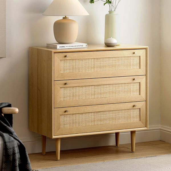 Rattan 3 Drawer Dresser for Bedroom Modern Dresser Wood Chest of Drawers with Metal Handles Boho Storage Cabinets Corner Bedside Table