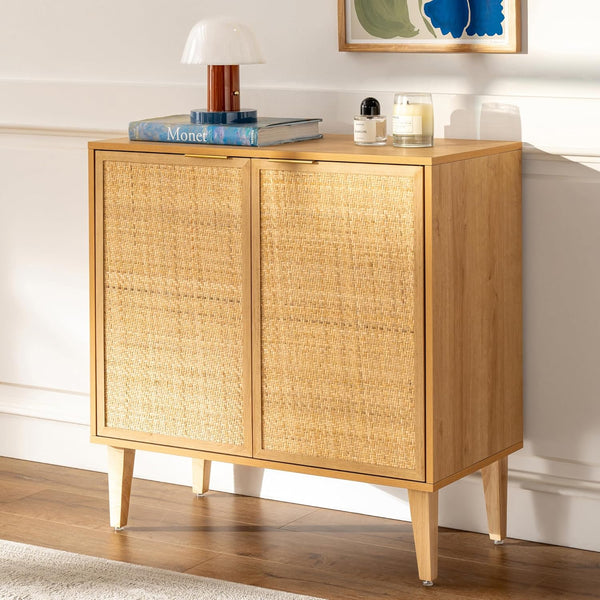 Accent Storage Cabinet Sideboard with Rattan Doors Boho Buffet Kitchen Bar Cabinet Farmhouse Credenza Cabinets with Adjustable Shelves