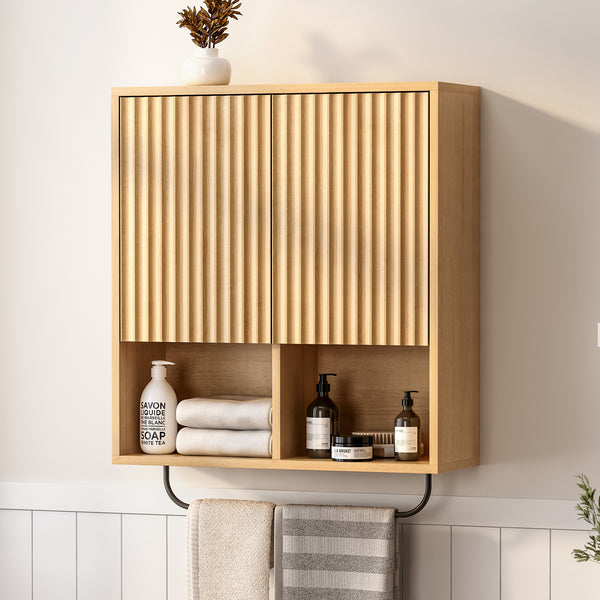 Fluted Bathroom Wall Cabinet Wooden Medicine Cabinet Storage with 2 Doors Adjustable Shelf and Towels Bar