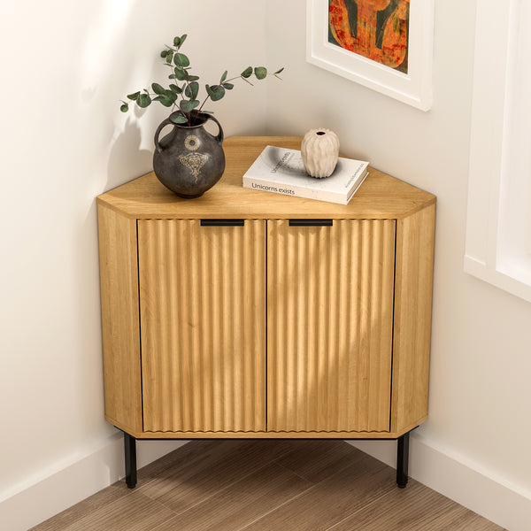 Fluted Corner Cabinet, Modern Small Corner Floor Cabinet with 2 Doors and 2-Tier Shelves, Freestanding Narrow Organizer