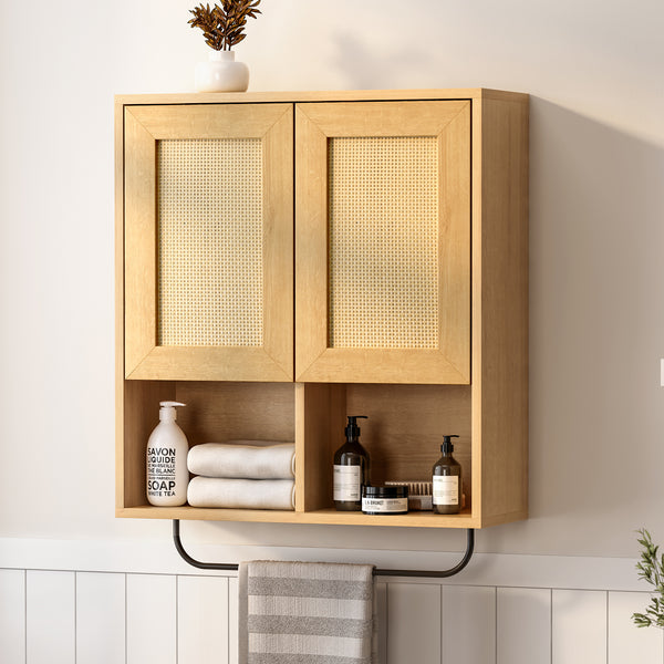 Rattan Wall Cabinet with Hanging Rod Modern Medicine Storage Cabinet with 2 Doors Wood Bathroom Floating Organizer Wall Mounted Cupboard Adjustable Shelf for Kitchen
