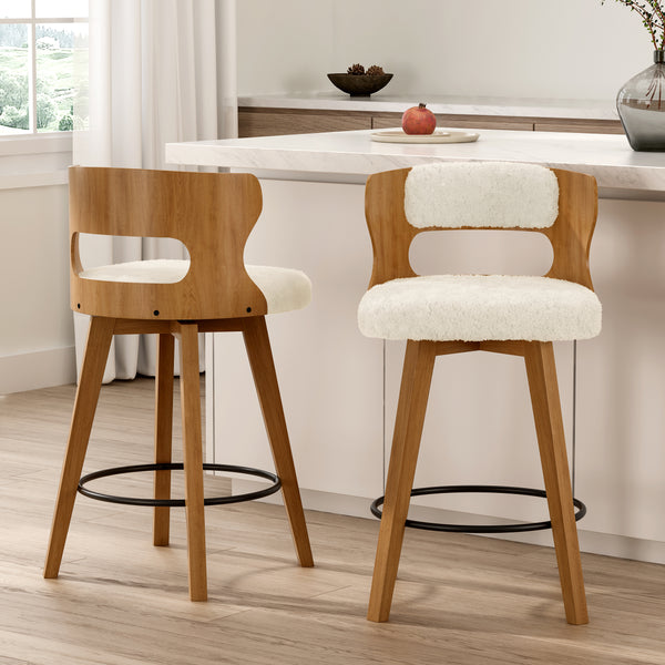26In Swivel Barstools Boucle Counter Height Bar Chairs with Back Modern Wood Island Kitchen Chairs