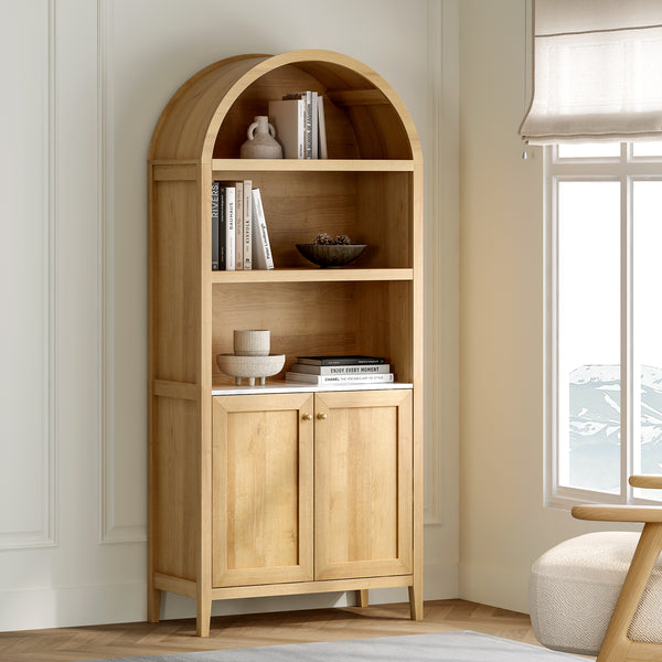 71" Tall Arched Cabinet 5-Tier Arched Bookcase Storage Display Cabinet with Faux Marble Top Modern Farmhouse Bookshelf Kitchen Pantry Cabinet