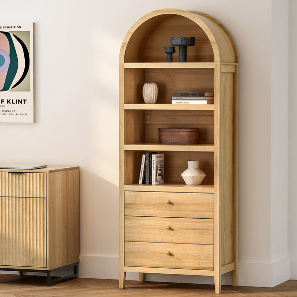 71" Tall Arched Cabinet 4-Tier Arched Bookcase with 3 Drawers and Shelves Modern Farmhouse Bookshelf