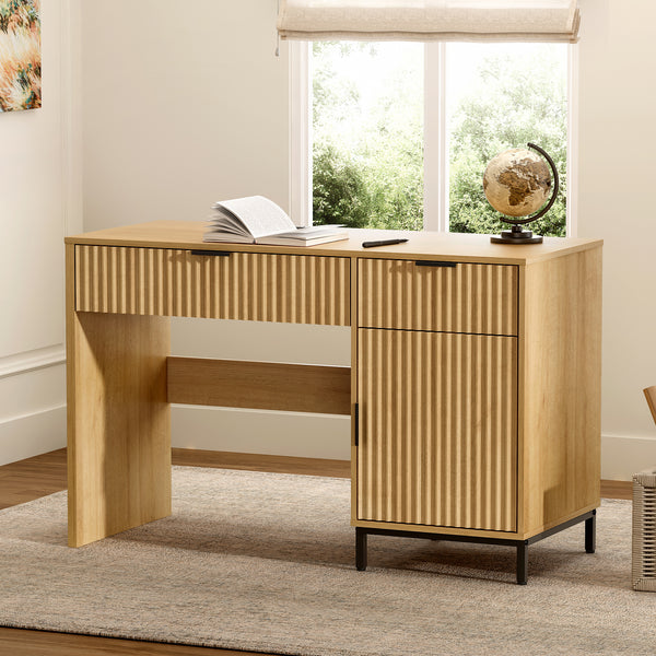 47" Fluted Executive Desk Modern Wood Home Office Desk with Charging Station Drawer & Cabinet Computer Writing Desk for Work Study