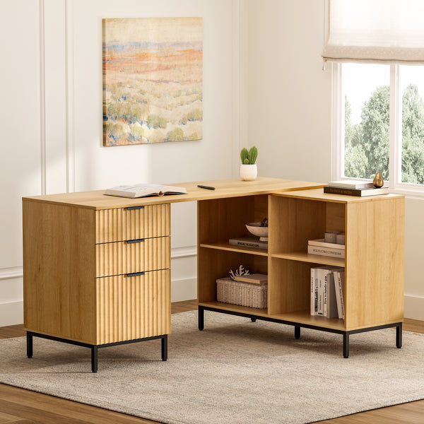 60" Fluted Executive Desk with Storage Cabinet Modern Home Office Desk L Shaped Writing Desk