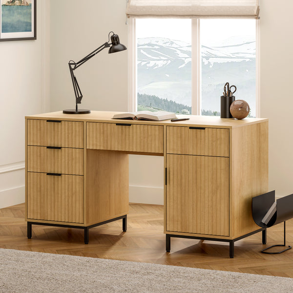 55" Fluted Executive Desk Modern Wood Home Office Desk with Charging Station Keyboard Tray File Drawer