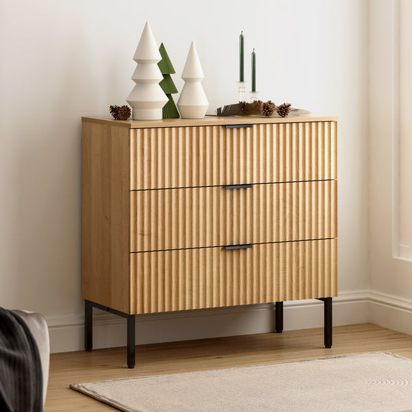 Fluted 3 Drawer Dresser for Bedroom Large Modern Chest of Drawers Bedside Nightstand with Metal Legs Wood Side Table Closet Storage Dresser Organizer