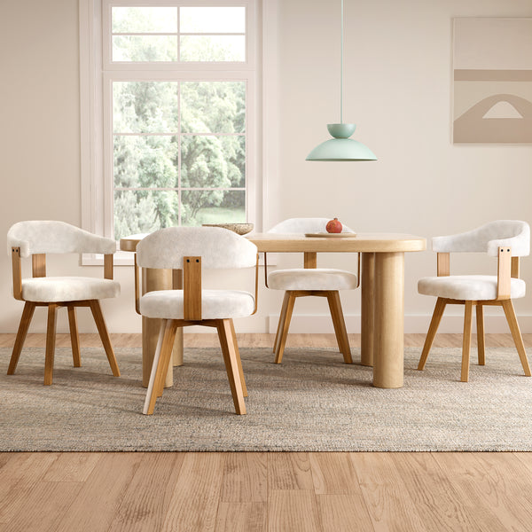 Swivel Dining Chairs, Boucle Dining Chairs with Arms and Wood Legs,Upholstered Kitchen Chairs for Kitchen, Dining Room, Living Room, White and Natural Oak