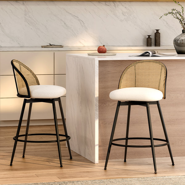 26inch Bar Stools 360° Swivel Counter Height Barstools Faux Leather Upholstered Bar Chairs with Rattan Back and Metal Legs