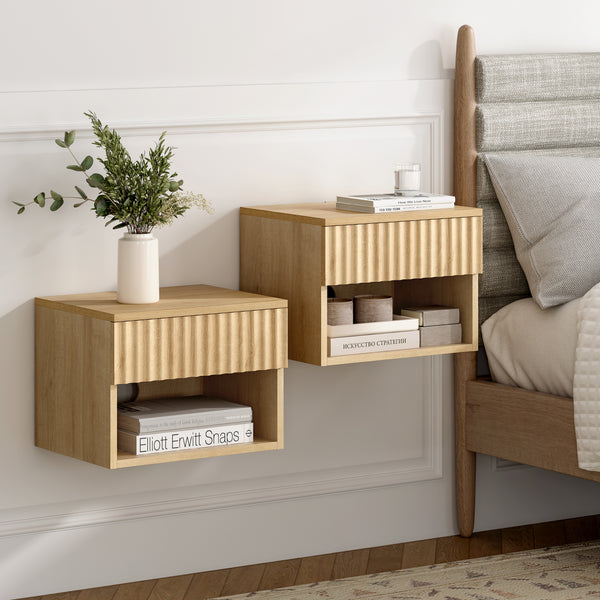 Floating Nightstand with Drawer Modern Small Night Stand with Fluted Door and Open Storage Shelf Wall Mounted